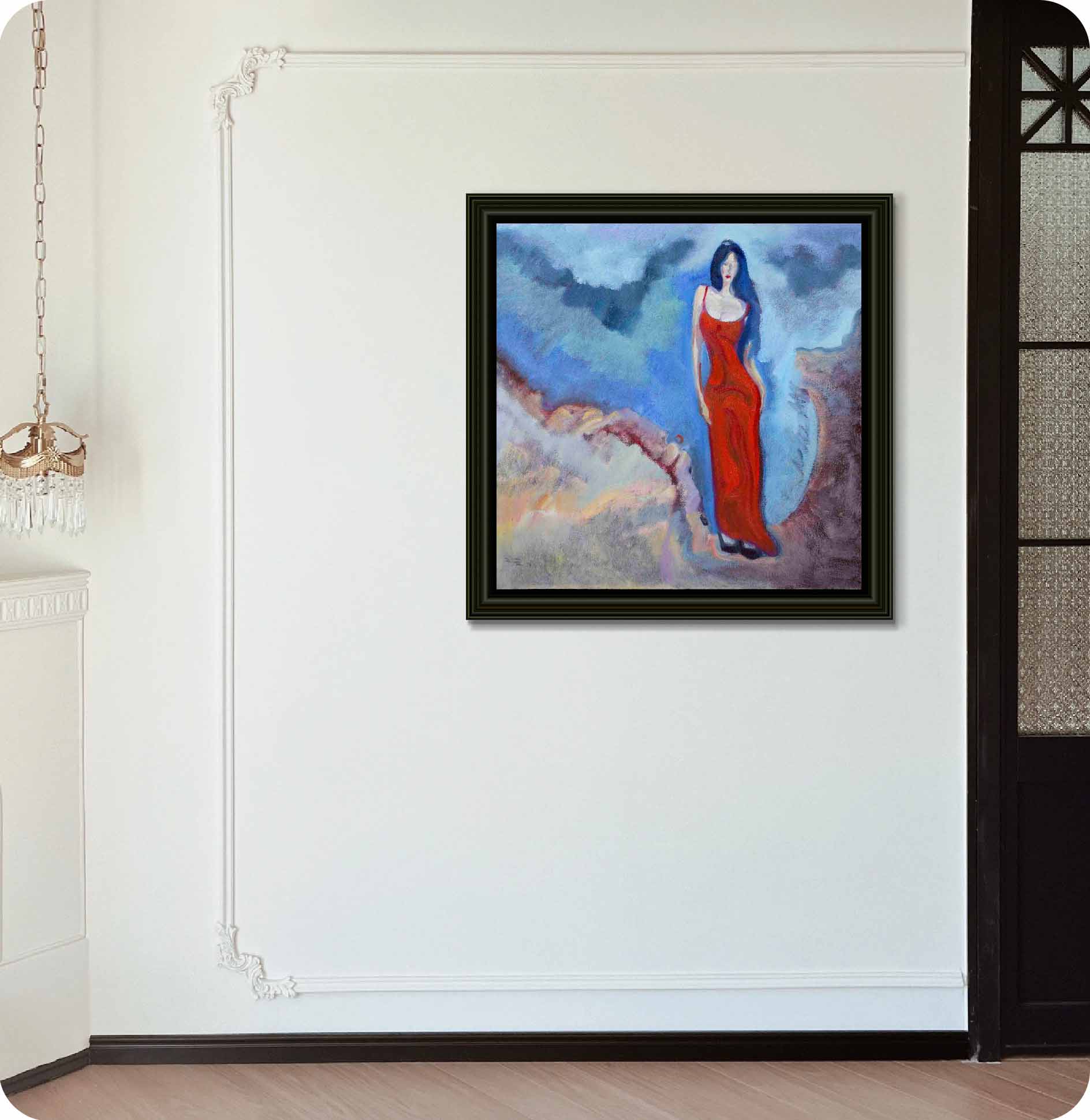 blue hues beach figure painting in wall