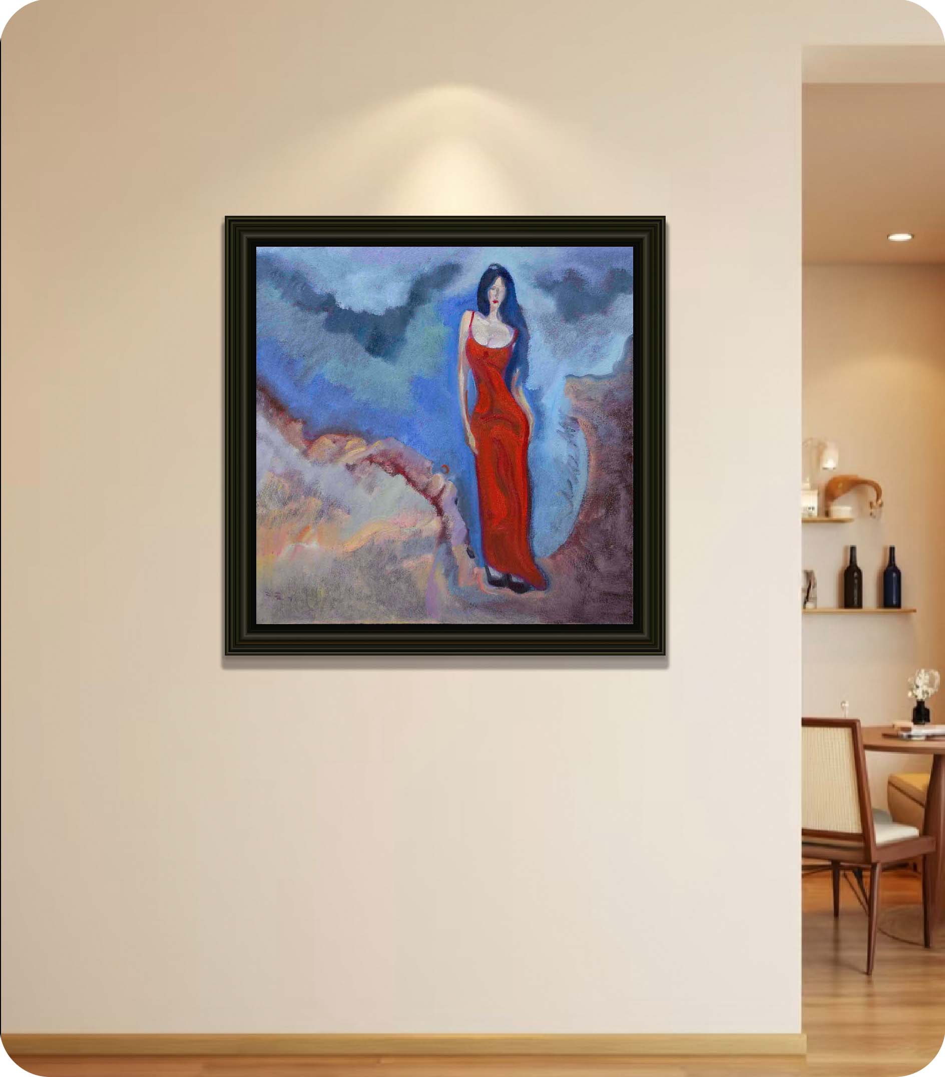 blue hues beach figure painting in room