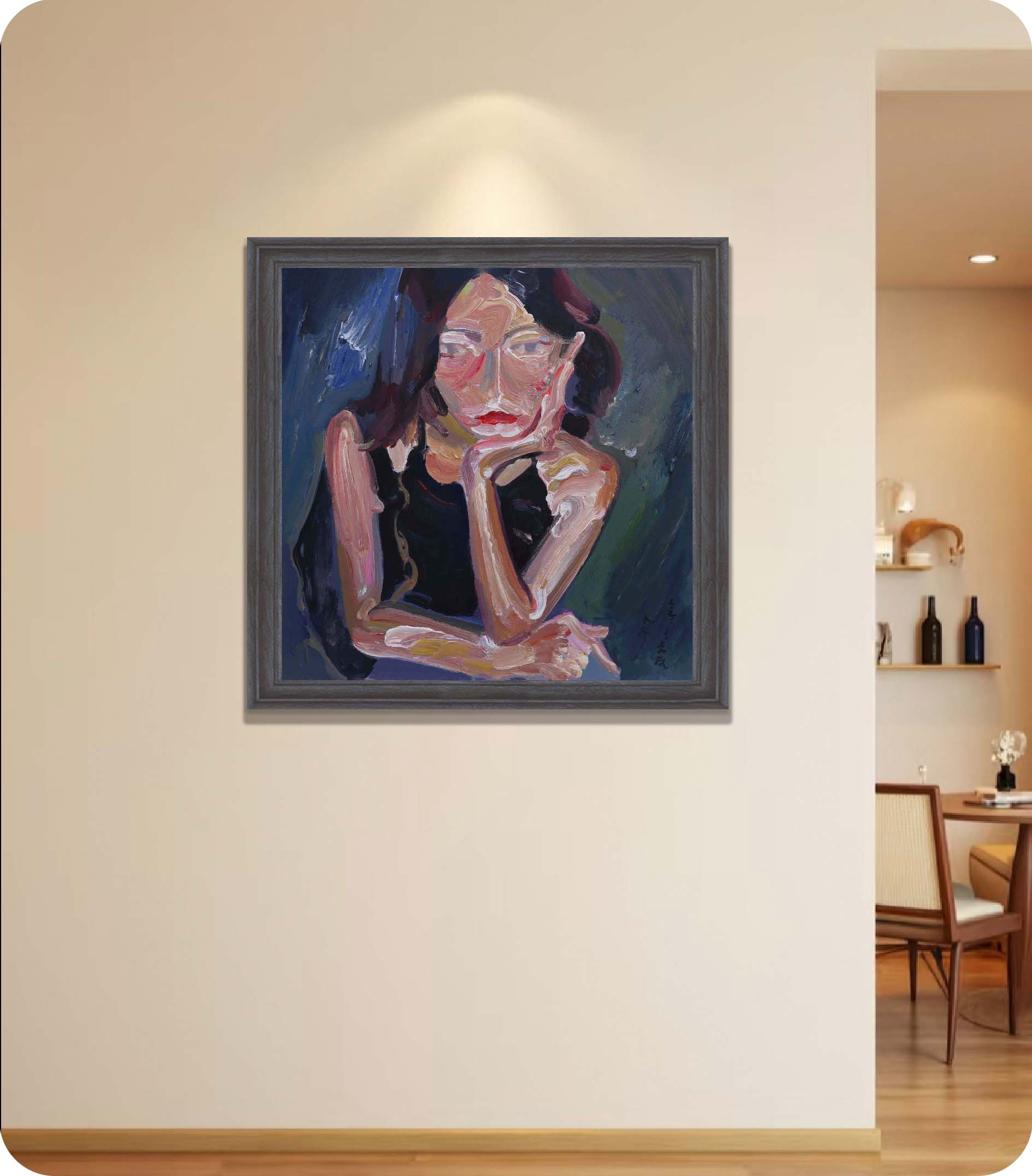 Contemporary female portrait oil painting in room