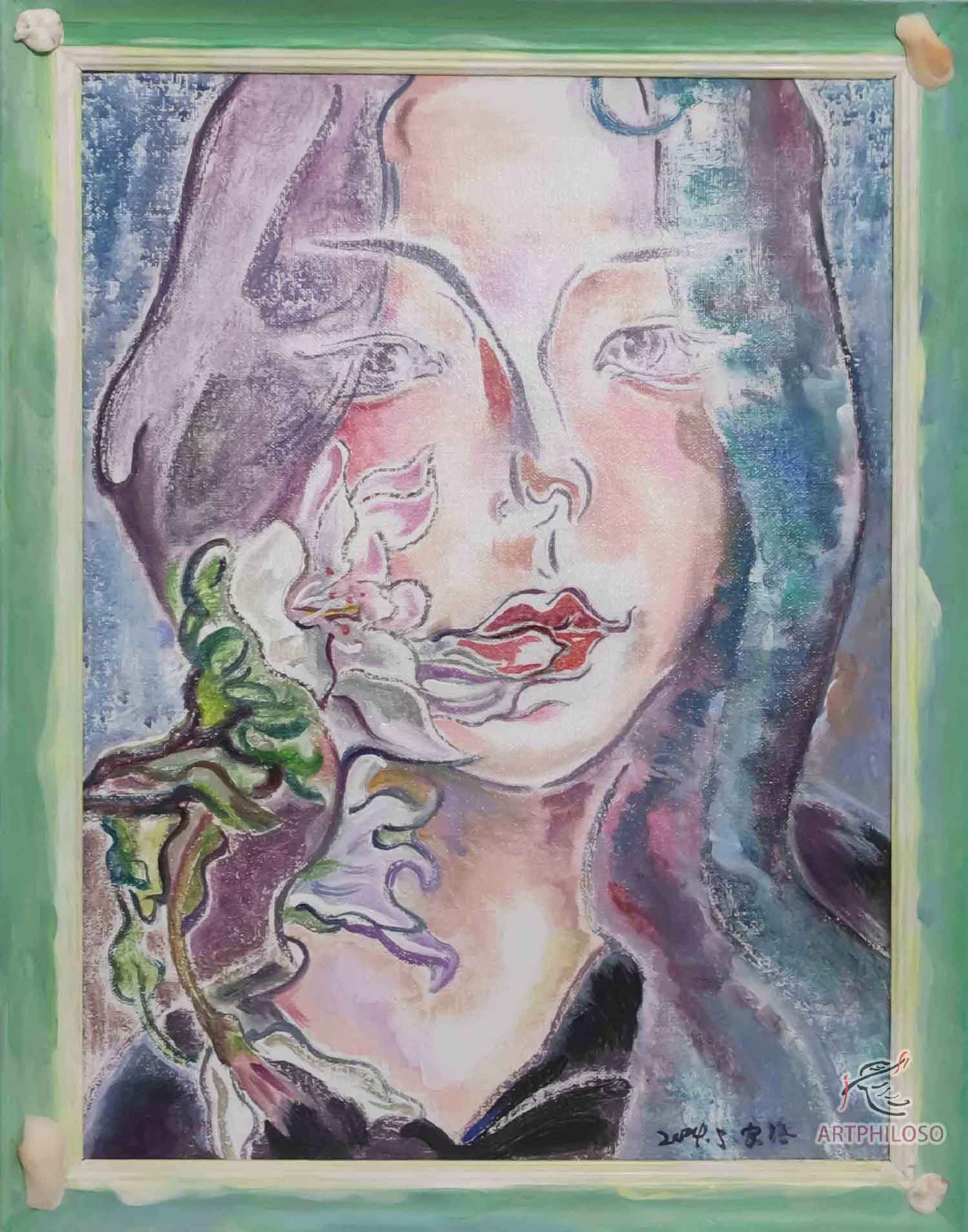 Gentle Portrait painting of a Flower Girl