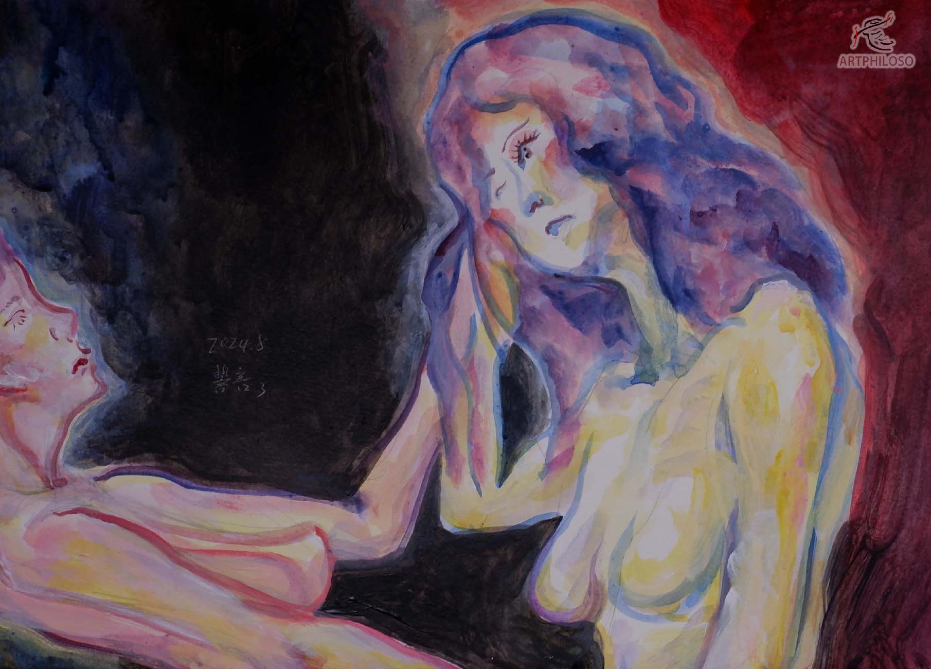 Mysterious Nude Female Watercolor Acrylic Painting