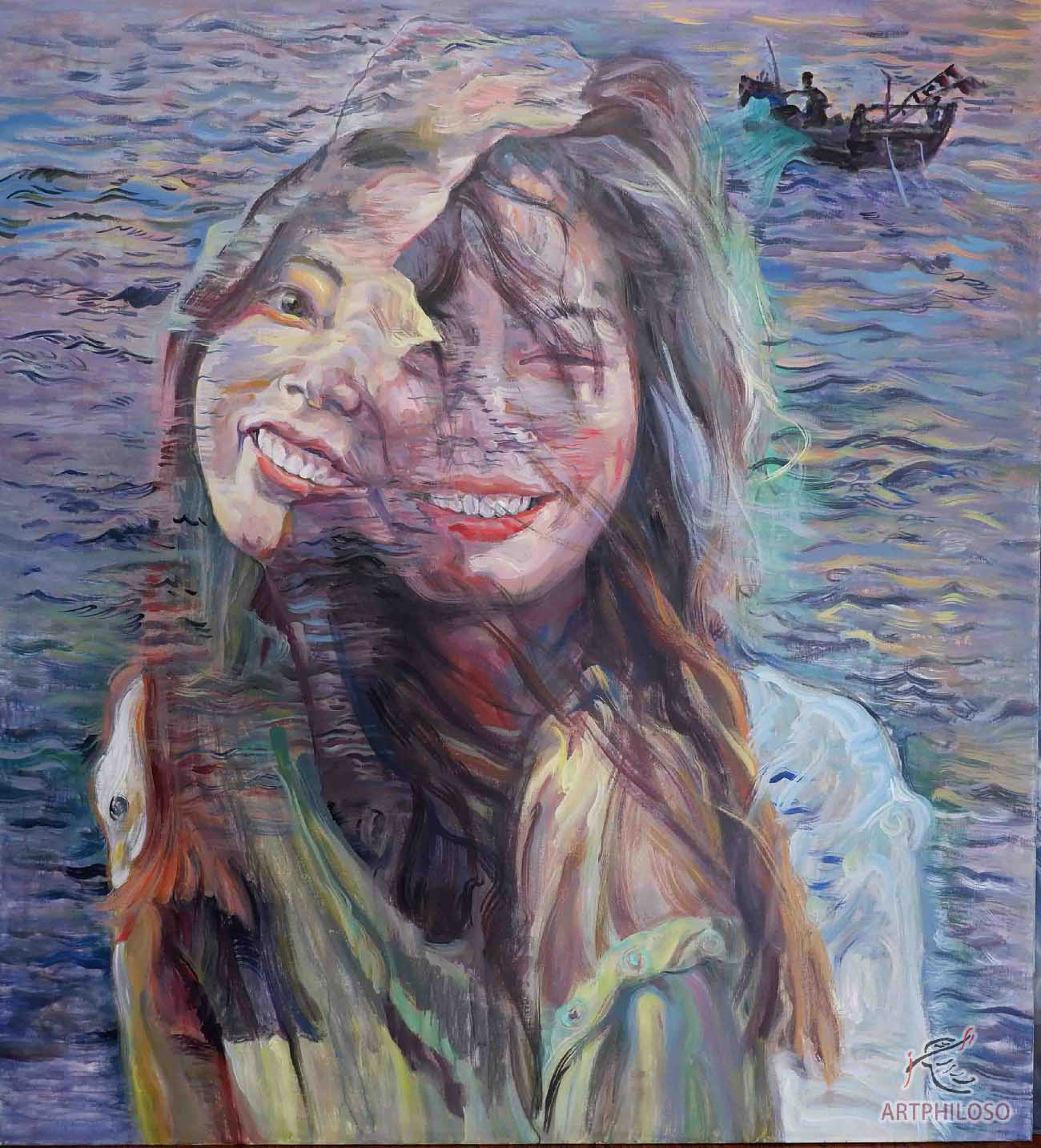 Surrealist oil painting of a woman in the sea