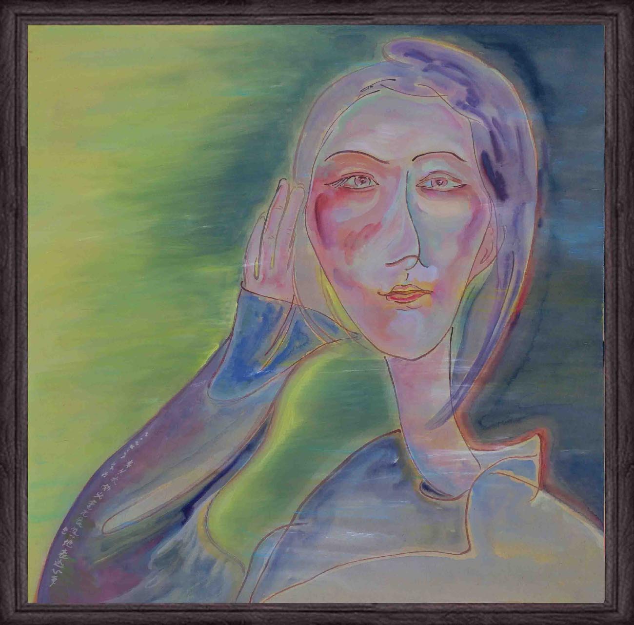 Green and Violet Tones Acrylic Portrait on Wood Panel