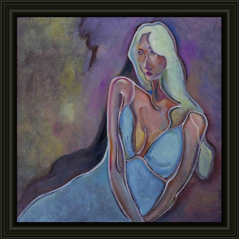 Mysterious Woman in Blue Dress Impasto Oil Painting