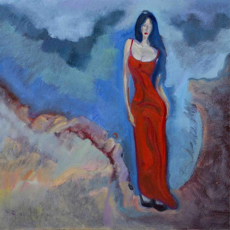 Minimalist Beach Woman in Red Dress Oil Painting with Clear Brushstrokes