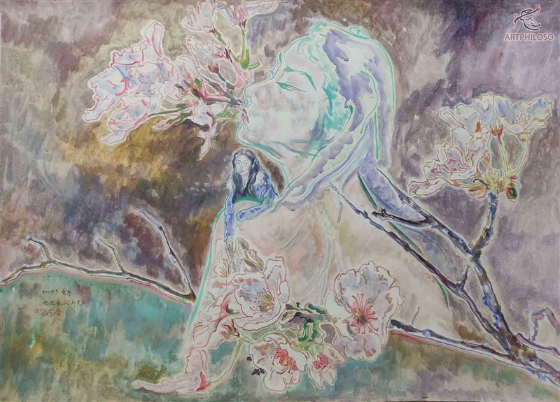 Colorful Woman with Flowers in Mouth Watercolor Acrylic Painting