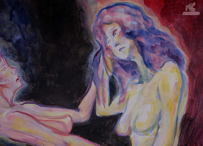Mysterious Nude Female Watercolor Acrylic Painting