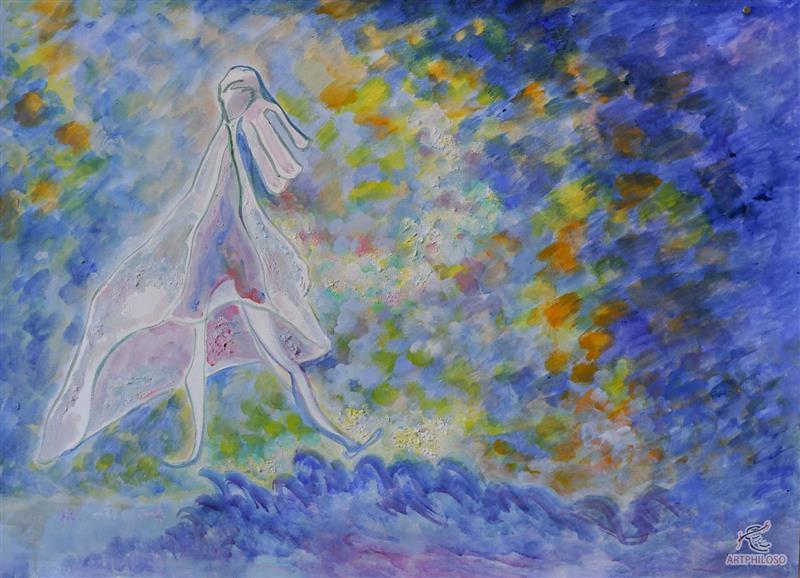 Dreamy Pointillism Blue Rain Scene Watercolor Painting