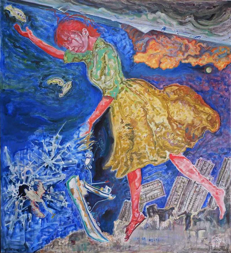 Surreal Oil Painting of a Floating Woman