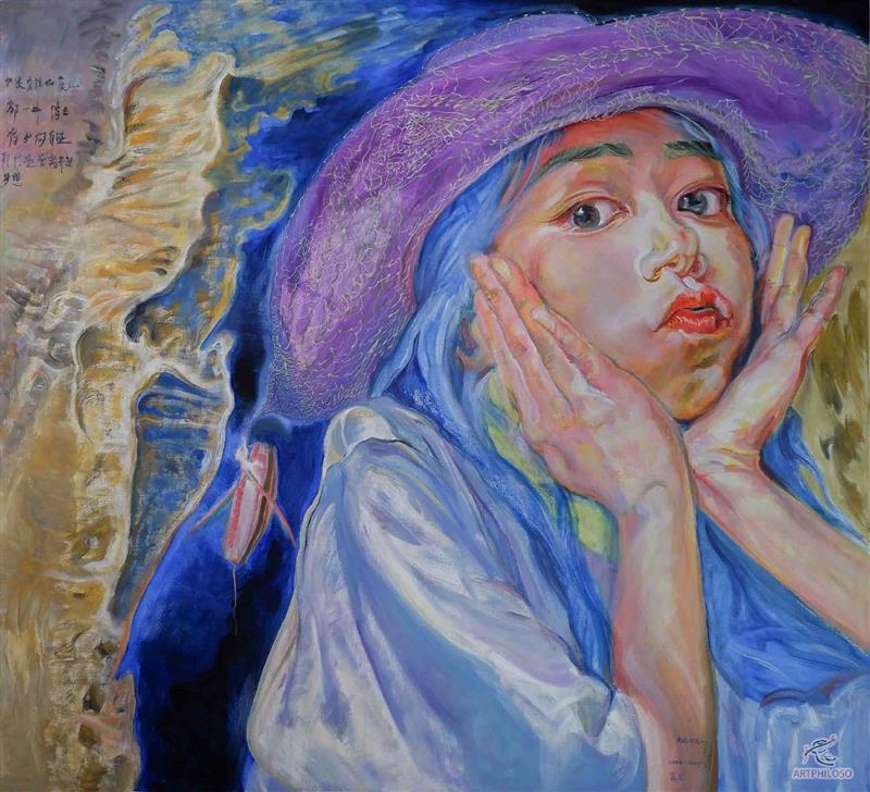 Surrealist Oil Painting of a Girl Resting Her Chin on Hands