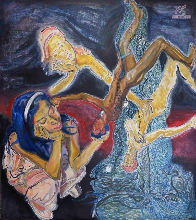 Surreal Oil Painting of Nude Figures in a Mysterious Scene